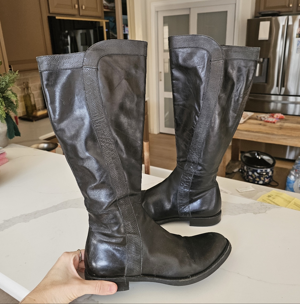 $650 Agl Tall Leather Side Zipper Boots Dark Espresso Women Sz 38.5